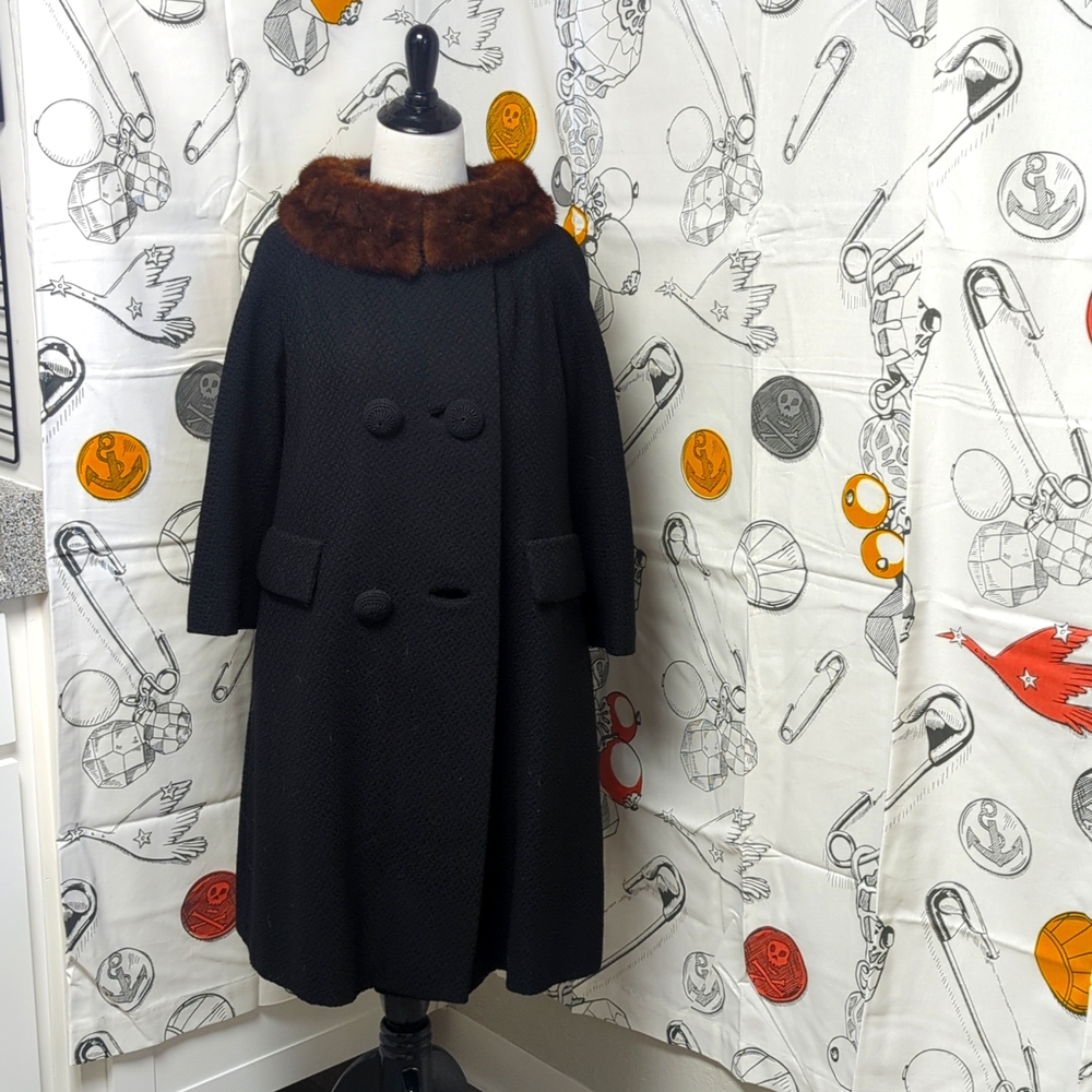 Vtg 1960's Jackie-O Style Dress Coat w/ Real Mink Collar